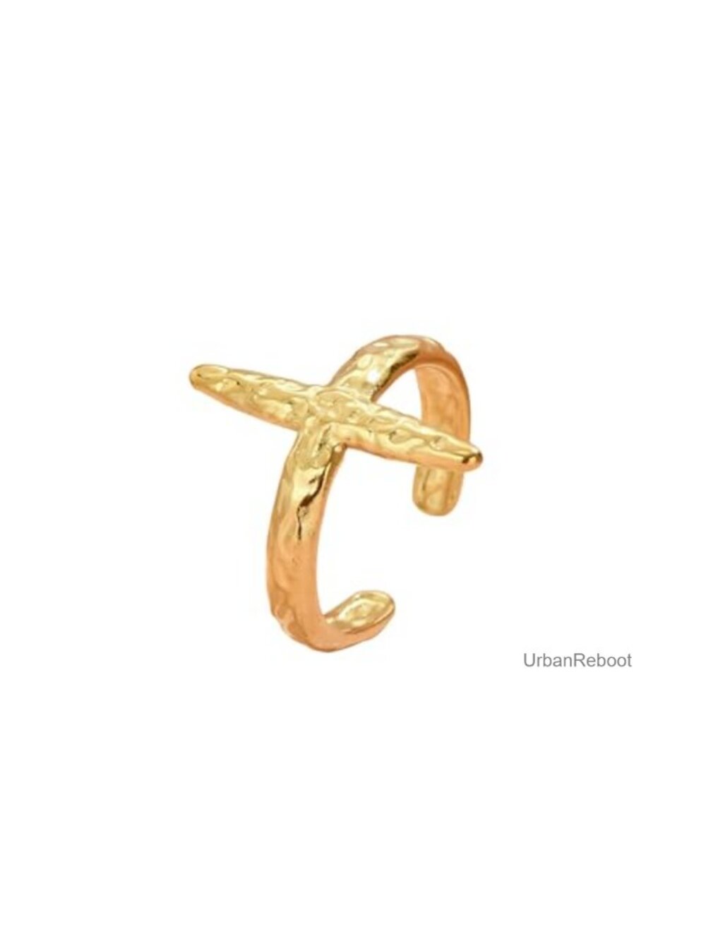 Women's Gold Cross Ring Hammered Stainless Steel Adjustable Open Band